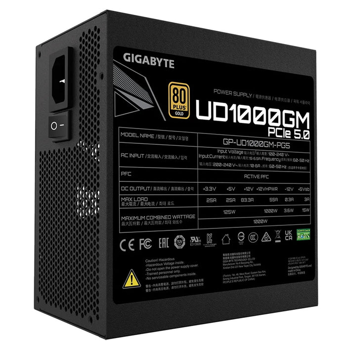 GIGABYTE UD1000GM PG5 1000W PSU, 120mm Smart Hydraulic Bearing Fan, 80 PLUS Gold, Fully Modular, UK Plug - IT Supplies Ltd