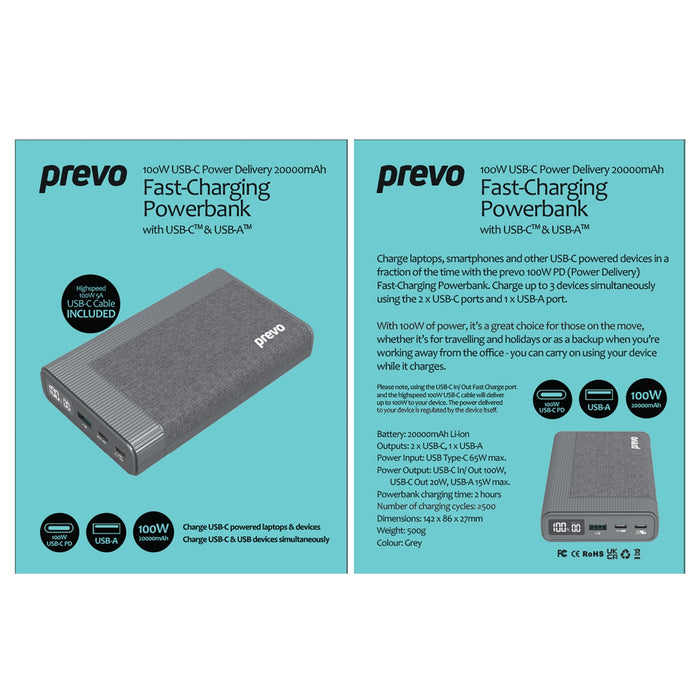 Prevo AD10C 100W USB-C Power Delivery PD 20000mAh Portable Fast-Charging Powerbank with Digital Display, Dual USB-C & USB-A with 100W USB-C Cable Included - IT Supplies Ltd