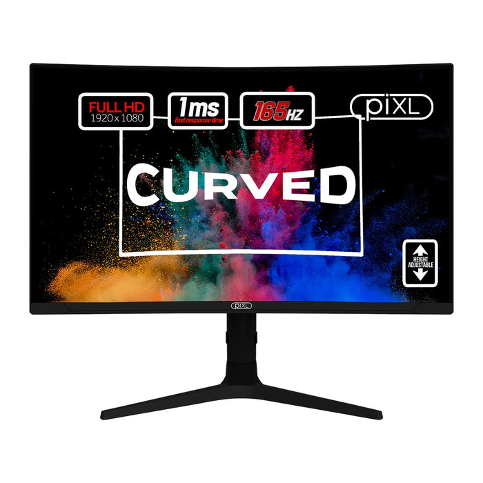 piXL CM27C7 27 Inch Curved Gaming Monitor, 165Hz, 1ms, Frameless, Freesync / G-Sync, Full HD, HDMI, Display Port, USB, Black with RGB Lighting, VESA Mount, Height Adjustable - IT Supplies Ltd