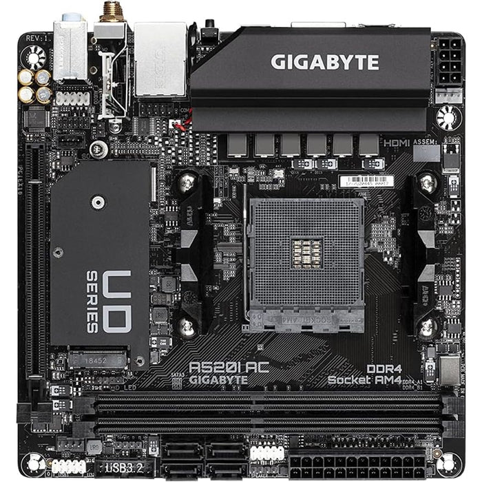 Gigabyte A520I AC Ultra Durable AMD AM4 Socket Motherboard, Mini-ITX, 2x DDR4 Slots, 1x M.2 Socket, Wifi 5, 1x Display Port 1.4 / 2x HDMI Ports - IT Supplies Ltd