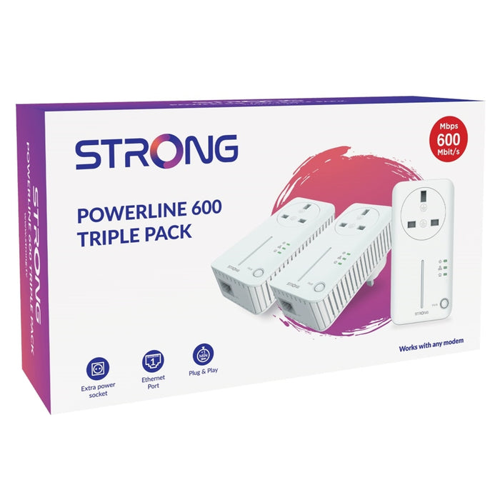 Strong POWERL600TRIUKV2 AV600 Passthrough Powerline Kit Triple Pack (3 Pack) - IT Supplies Ltd