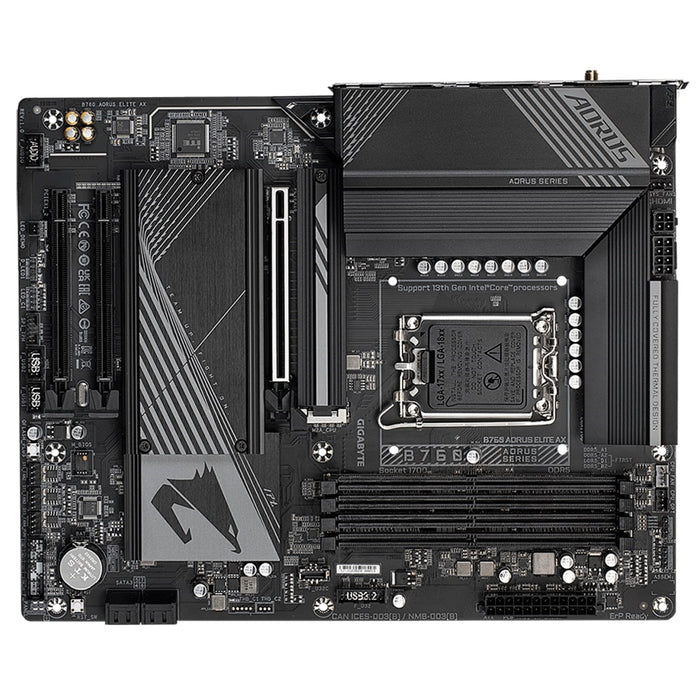 Gigabyte B760 AORUS ELITE AX Intel 1700 Socket Motherboard, ATX, 4x DDR5 Slots, 3x M.2 Sockets, 2x USB-C Port, Fitted I/O Shield, Wi-Fi 6E, 1x Display Port / 1x HDMI Port - IT Supplies Ltd