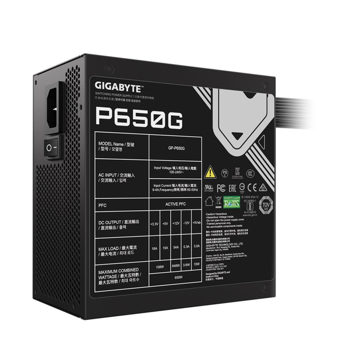 GIGABYTE P650G 650W PSU, 120mm Silent Hydraulic Bearing Fan, 80 PLUS Gold, Non Modular, UK Plug, 100% Japanese Capacitors, Single +12V Rail