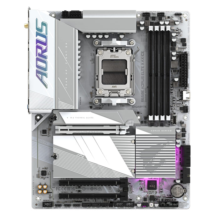 Gigabyte B650E AORUS ELITE X AX ICE AMD AM5 Socket Motherboard, ATX, 4x DDR5 Slots, 3x M.2 Sockets, 2x USB-C Port, Fitted I/O Shield, 2.5GbE LAN, Wi-Fi 6E, 2x HDMI Port / 1x USB-C - IT Supplies Ltd