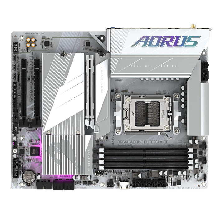 Gigabyte B650E AORUS ELITE X AX ICE AMD AM5 Socket Motherboard, ATX, 4x DDR5 Slots, 3x M.2 Sockets, 2x USB-C Port, Fitted I/O Shield, 2.5GbE LAN, Wi-Fi 6E, 2x HDMI Port / 1x USB-C - IT Supplies Ltd