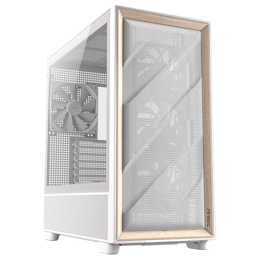 Antec FLUX Mid Tower PC Case - Tempered Glass, White/Wood, 5 PWM Fans, USB-C, E-ATX/ATX/mATX/ITX Compatibility - IT Supplies Ltd