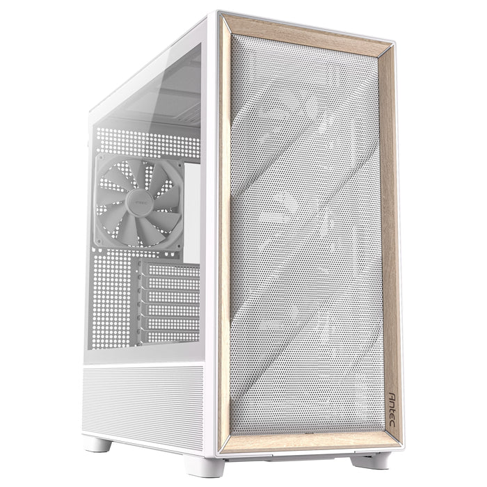 Antec FLUX Mid Tower PC Case - Tempered Glass, White/Wood, 5 PWM Fans, USB-C, E-ATX/ATX/mATX/ITX Compatibility - IT Supplies Ltd