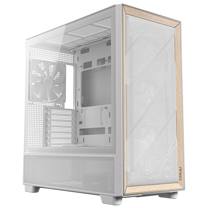 Antec FLUX Mid Tower PC Case - Tempered Glass, White/Wood, 5 PWM Fans, USB-C, E-ATX/ATX/mATX/ITX Compatibility - IT Supplies Ltd