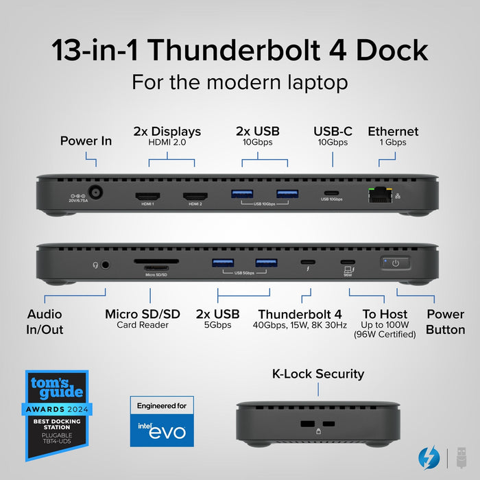 Plugable TBT4-UD5 ThunderBolt 4 Dual Monitor (2x 4K or 1x 8K) 96W USB-C PD Docking Station - IT Supplies Ltd