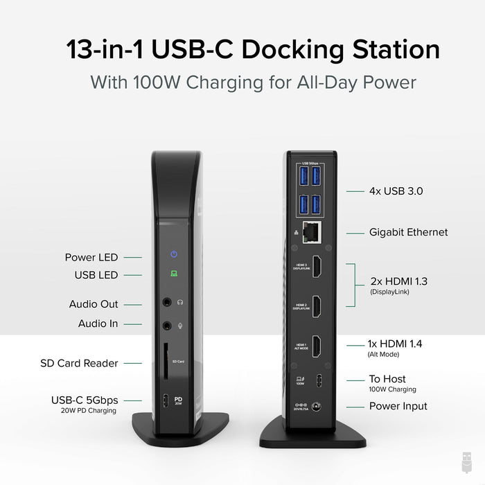 Plugable UD-ULTCDL USB-C Triple Monitor 4K 96W USB-C PD DisplayLink Certified Docking Station - IT Supplies Ltd