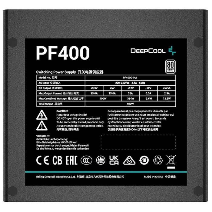 DeepCool PF400 80 PLUS Standard Power Supply 400W, Silent Hydraulic Bearing Fan, Reliable Protection, Flat Black Cables, 85% Efficiency - IT Supplies Ltd