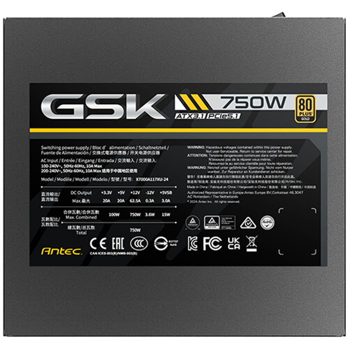 Antec GSK ATX3.1 750W Power Supply - 80 PLUS Gold, Full Modular, PCIe 5.1, JP Capacitors, Zero RPM Manager, 7-Year Warranty