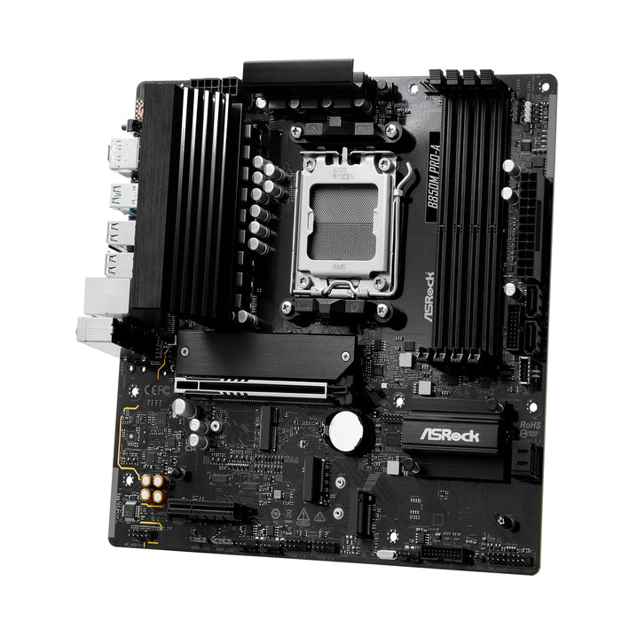 The ASRock B850 Pro-A with AMD AM5, DDR5, 4x M.2 slots, 2.5GbE LAN, Wi-Fi, USB-C, and HDMI ports