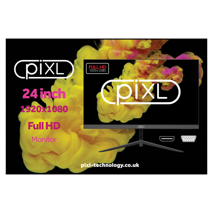 piXL PX24IVHFPD 24 Inch Frameless Monitor, Widescreen IPS LCD Panel, 5ms Response Time, 100Hz Refresh Rate, Full HD 1920 x 1080, VGA, HDMI