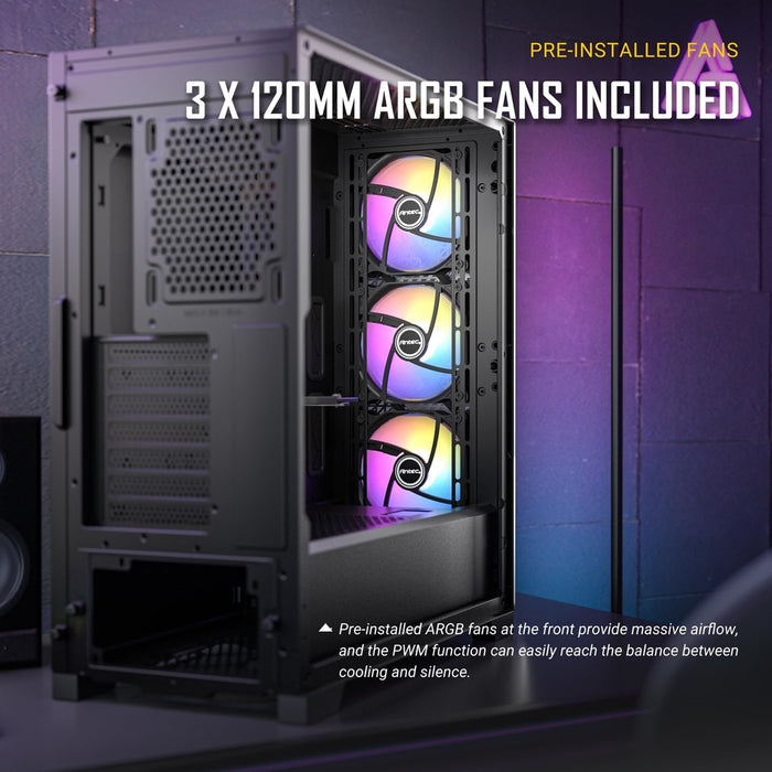 ANTEC P20C ARGB Mid Tower Gaming PC Case, Black, Tempered Glass Side Panel, Unique Metal Mesh Panel, High Airflow Design, 3x 120mm ARGB Fans, E-ATX, ATX, Micro-ATX, ITX