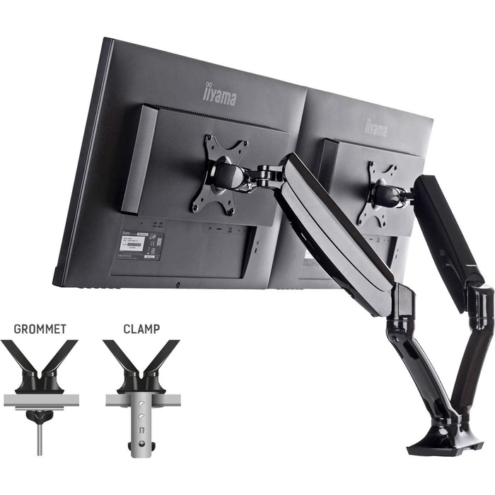 iiyama DS3002C-B1 Dual Gas Spring Monitor Arm, Desk Mount, Fits 2 x 27 Inch Flat Screens, Tilt, Swivel, Height, Rotation