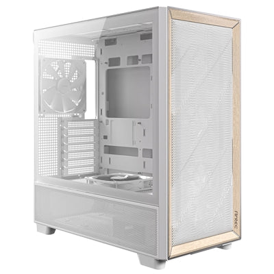 Antec FLUX Mid Tower PC Case - Tempered Glass, White/Wood, 5 PWM Fans, USB-C, E-ATX/ATX/mATX/ITX Compatibility - IT Supplies Ltd