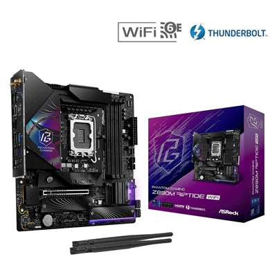 ASRock Z890M RIPTIDE WIFI PHANTOM GAMING Intel 1851 Socket Motherboard, Micro-ATX, 4x DDR5 Slots, 3x M.2 Sockets, 3x USB-C Port, Fitted I/O Shield, 2.5GbE LAN, Wi-Fi 6E, 1x DisplayPort / 1x HDMI / 2x USB-C (USB4) - IT Supplies Ltd