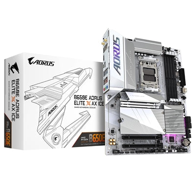 Gigabyte B650E AORUS ELITE X AX ICE AMD AM5 Socket Motherboard, ATX, 4x DDR5 Slots, 3x M.2 Sockets, 2x USB-C Port, Fitted I/O Shield, 2.5GbE LAN, Wi-Fi 6E, 2x HDMI Port / 1x USB-C - IT Supplies Ltd