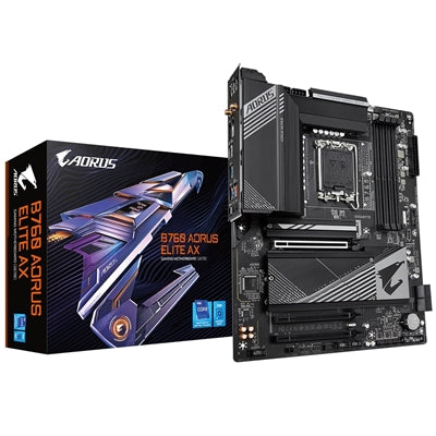 Gigabyte B760 AORUS ELITE AX Intel 1700 Socket Motherboard, ATX, 4x DDR5 Slots, 3x M.2 Sockets, 2x USB-C Port, Fitted I/O Shield, Wi-Fi 6E, 1x Display Port / 1x HDMI Port - IT Supplies Ltd