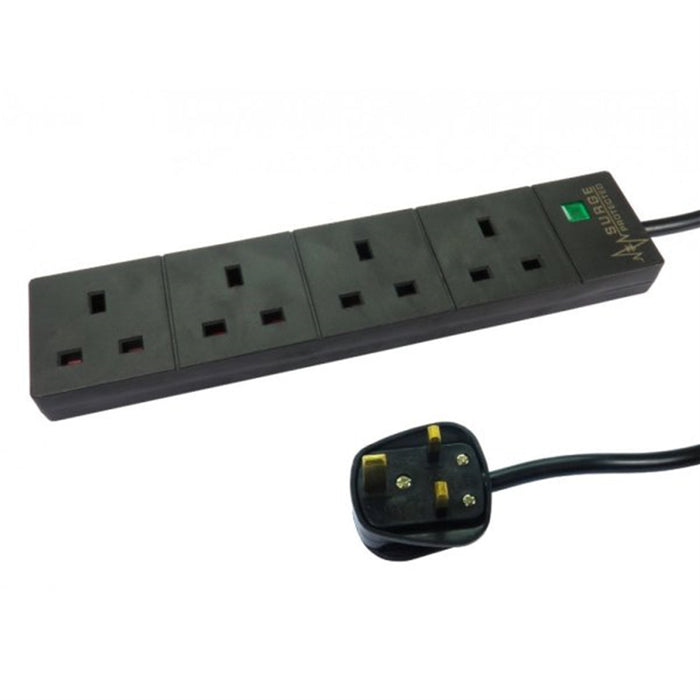 4 Gang Surge Protected LED Indicator UK Mains Extension - Black, 2m - IT Supplies Ltd