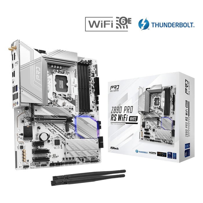 ASRock Z890 PRO RS WIFI WHITE Intel 1851 Socket Motherboard, ATX, 4x DDR5 Slots, 4x M.2 Sockets, 3x USB-C Port, Fitted I/O Shield, 2.5GbE LAN, Wi-Fi 6E, 1x DisplayPort / 1x HDMI / 2x USB-C (USB4) - IT Supplies Ltd