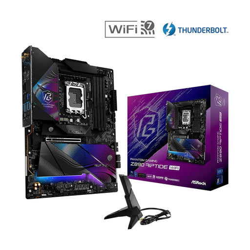 ASRock Z890 RIPTIDE WIFI PHANTOM GAMING Intel 1851 Socket Motherboard, ATX, 4x DDR5 Slots, 5x M.2 Sockets, 3x USB-C Port, Fitted I/O Shield, 2.5GbE LAN, Wi-Fi 7, 1x HDMI Port / 2x USB-C (USB4) - IT Supplies Ltd