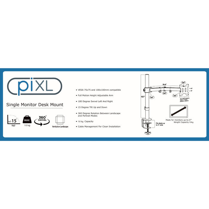 piXL Single Monitor Arm, For Screens Upto 27 inch, Desk Mounted, 180 Degrees Swivel, 15 Degrees Tilt IT Supplies Ltd