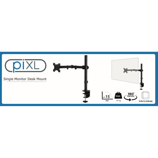 piXL Single Monitor Arm, For Screens Upto 27 inch, Desk Mounted, 180 Degrees Swivel, 15 Degrees Tilt IT Supplies Ltd