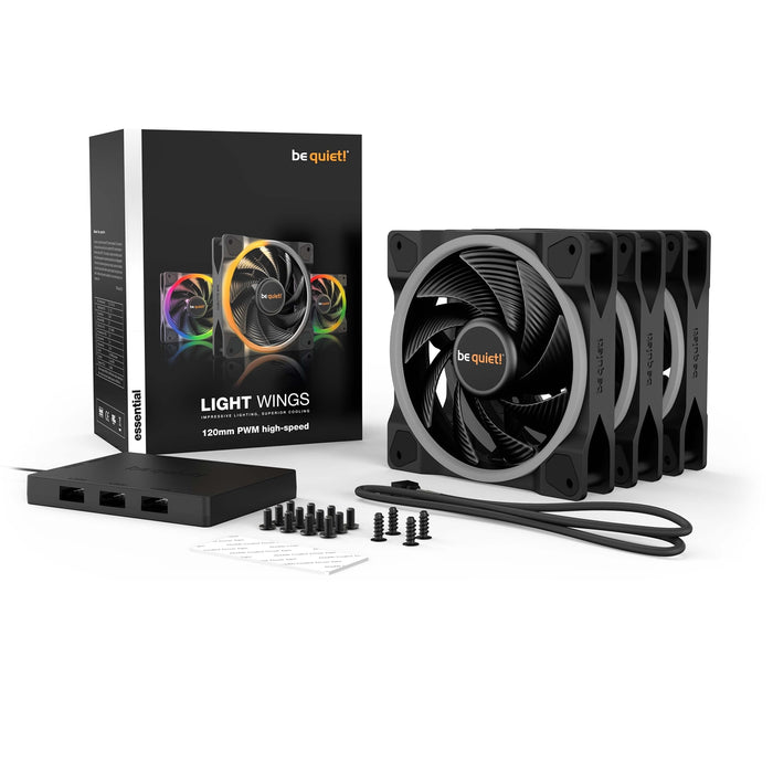 be quiet! Light Wings PWM High Speed Addressable RGB Fan Pack, 120mm, 2500RPM, 4-Pin PWM Fan & 3-Pin ARGB Connectors. Addressable RGB Hub Included - IT Supplies Ltd