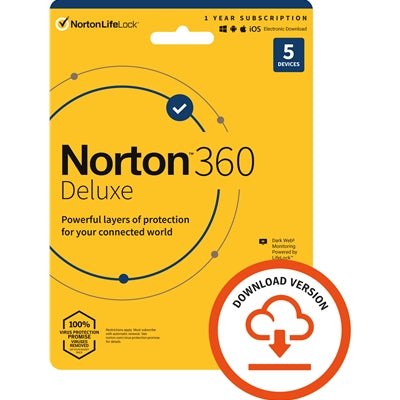 Norton 360 Deluxe 2022, Antivirus Software for 5 Devices, 1-year Subscription, Includes Secure VPN, Password Manager and 50GB of Cloud Storage, PC/Mac/iOS/Android, Activation Code by email - ESD - IT Supplies Ltd