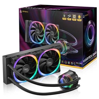 ANTEC Vortex 240 ARGB AiO Liquid CPU Cooler, Universal Socket, 240mm Radiator, PWM 2000RPM Fusion ARGB Cooling Fans, Addressable RGB LED Lighting with Suspended Spiral Pump Head Design - IT Supplies Ltd