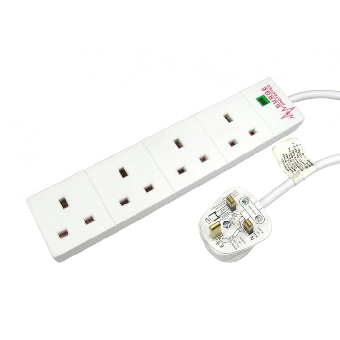 RB-02M04SPD UK Power Extension, 2m, 4 UK Ports, White, 13 Amp Fuse, Surge Protection, Status LED - IT Supplies Ltd