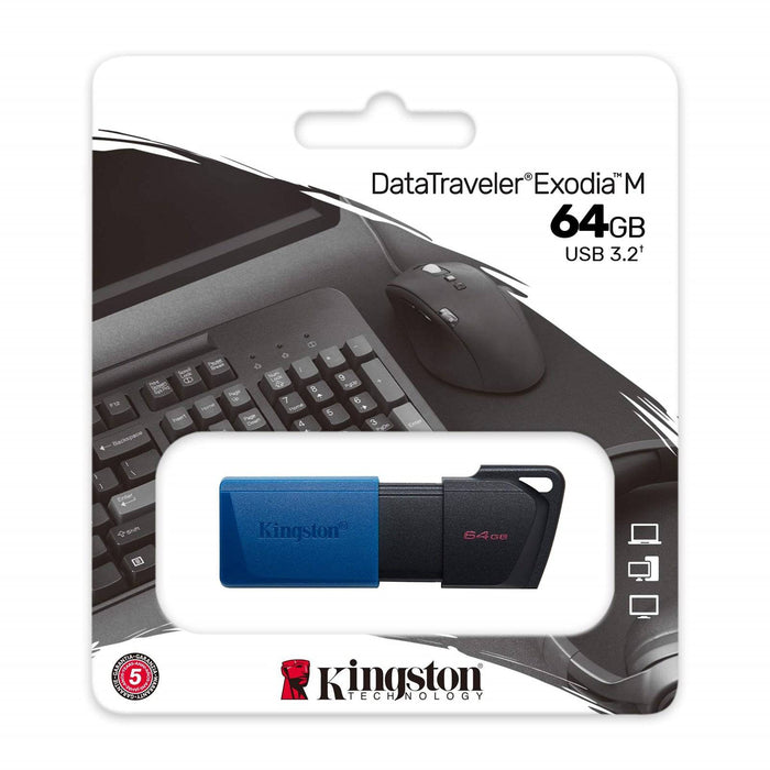 Kingston DataTraveler ExodiaM DTXM/64GB USB Flash Drive, 64GB, USB 3.2, Blue / Black, Moving Cap Design - IT Supplies Ltd